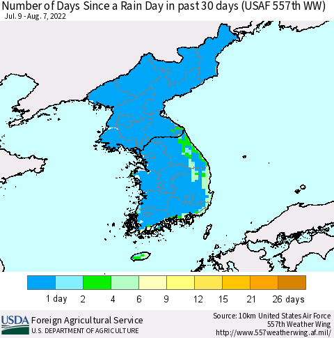 Korea Number of Days Since a Rain Day in past 30 days (USAF 557th WW) Thematic Map For 8/1/2022 - 8/7/2022