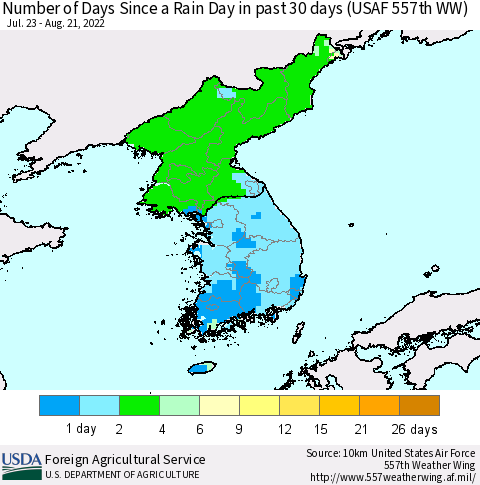 Korea Number of Days Since a Rain Day in past 30 days (USAF 557th WW) Thematic Map For 8/15/2022 - 8/21/2022