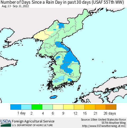 Korea Number of Days Since a Rain Day in past 30 days (USAF 557th WW) Thematic Map For 9/5/2022 - 9/11/2022