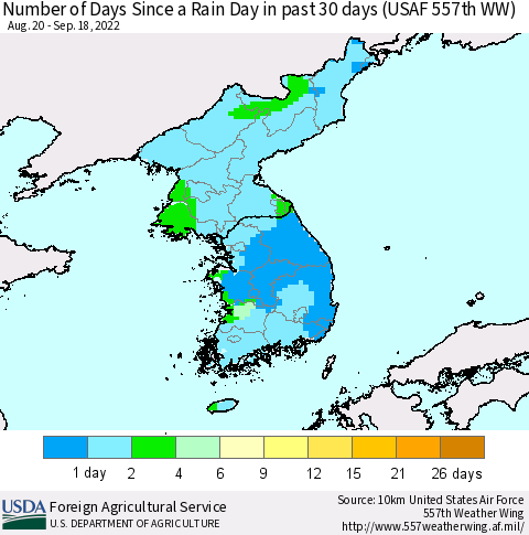 Korea Number of Days Since a Rain Day in past 30 days (USAF 557th WW) Thematic Map For 9/12/2022 - 9/18/2022