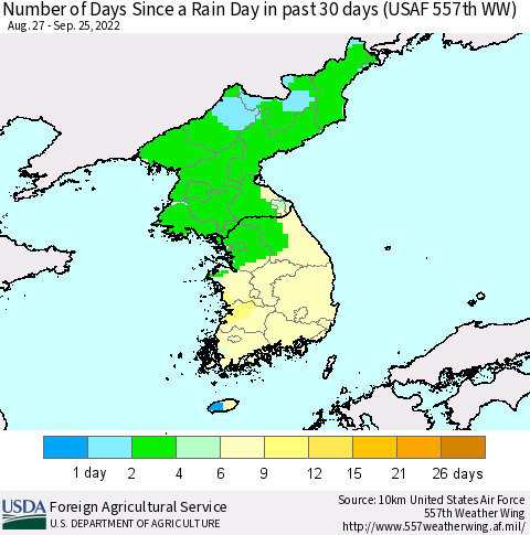 Korea Number of Days Since a Rain Day in past 30 days (USAF 557th WW) Thematic Map For 9/19/2022 - 9/25/2022