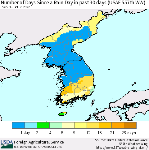 Korea Number of Days Since a Rain Day in past 30 days (USAF 557th WW) Thematic Map For 9/26/2022 - 10/2/2022
