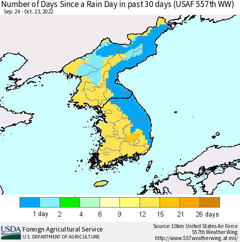 Korea Number of Days Since a Rain Day in past 30 days (USAF 557th WW) Thematic Map For 10/17/2022 - 10/23/2022