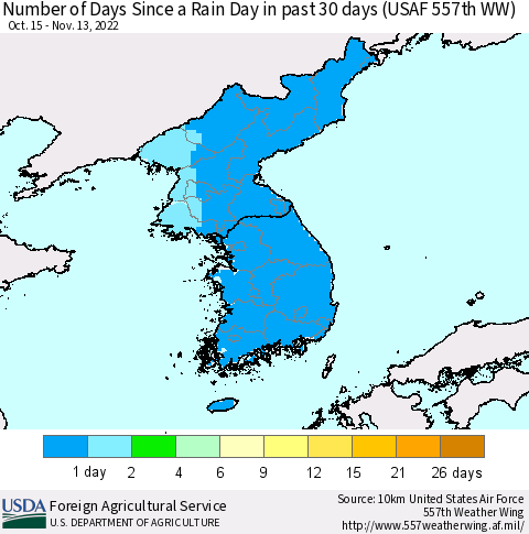 Korea Number of Days Since a Rain Day in past 30 days (USAF 557th WW) Thematic Map For 11/7/2022 - 11/13/2022