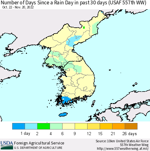 Korea Number of Days Since a Rain Day in past 30 days (USAF 557th WW) Thematic Map For 11/14/2022 - 11/20/2022