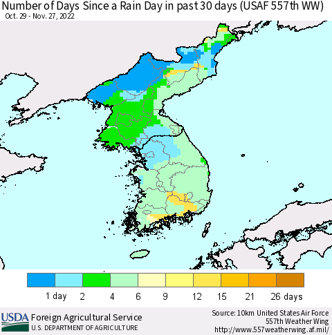 Korea Number of Days Since a Rain Day in past 30 days (USAF 557th WW) Thematic Map For 11/21/2022 - 11/27/2022