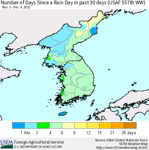 Korea Number of Days Since a Rain Day in past 30 days (USAF 557th WW) Thematic Map For 11/28/2022 - 12/4/2022
