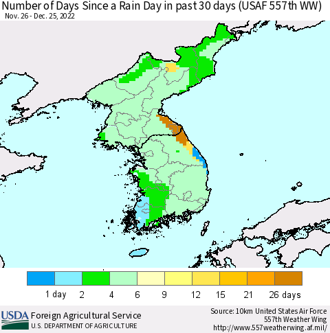 Korea Number of Days Since a Rain Day in past 30 days (USAF 557th WW) Thematic Map For 12/19/2022 - 12/25/2022