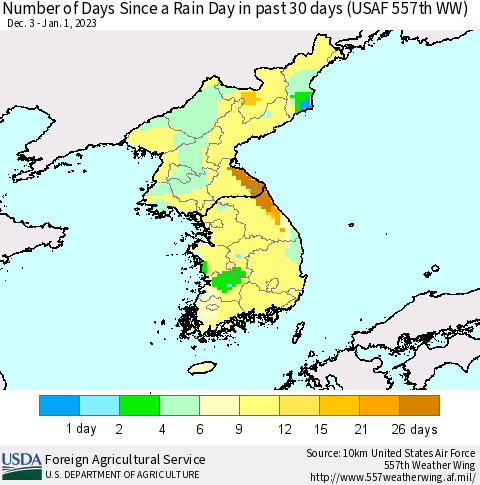 Korea Number of Days Since a Rain Day in past 30 days (USAF 557th WW) Thematic Map For 12/26/2022 - 1/1/2023