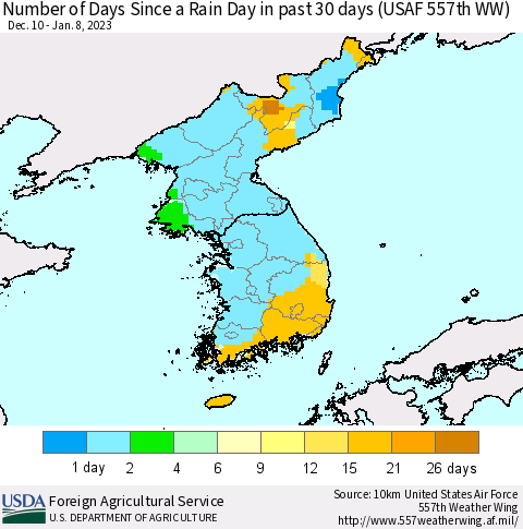 Korea Number of Days Since a Rain Day in past 30 days (USAF 557th WW) Thematic Map For 1/2/2023 - 1/8/2023