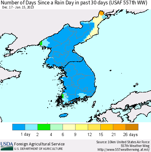 Korea Number of Days Since a Rain Day in past 30 days (USAF 557th WW) Thematic Map For 1/9/2023 - 1/15/2023