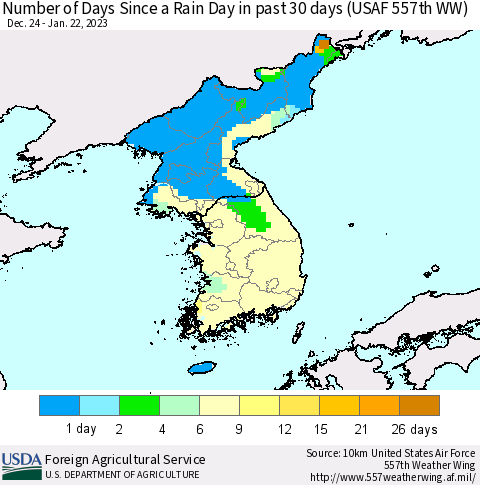 Korea Number of Days Since a Rain Day in past 30 days (USAF 557th WW) Thematic Map For 1/16/2023 - 1/22/2023