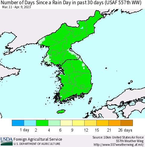Korea Number of Days Since a Rain Day in past 30 days (USAF 557th WW) Thematic Map For 4/3/2023 - 4/9/2023