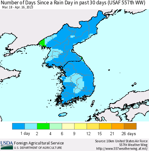 Korea Number of Days Since a Rain Day in past 30 days (USAF 557th WW) Thematic Map For 4/10/2023 - 4/16/2023