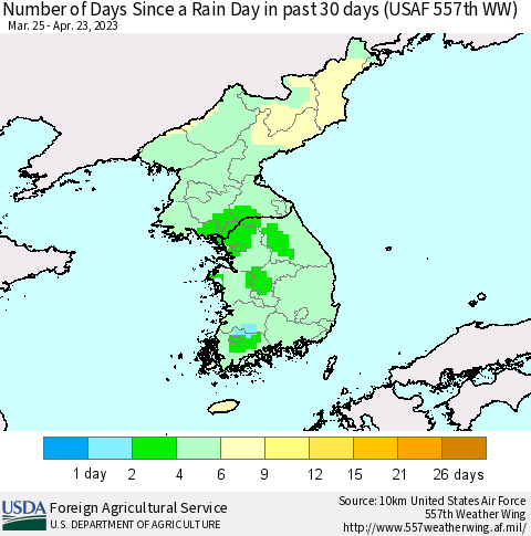 Korea Number of Days Since a Rain Day in past 30 days (USAF 557th WW) Thematic Map For 4/17/2023 - 4/23/2023