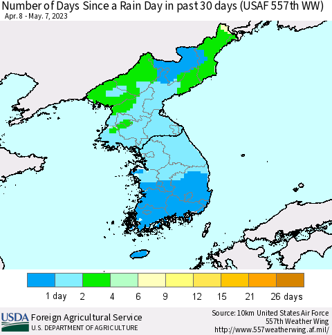 Korea Number of Days Since a Rain Day in past 30 days (USAF 557th WW) Thematic Map For 5/1/2023 - 5/7/2023