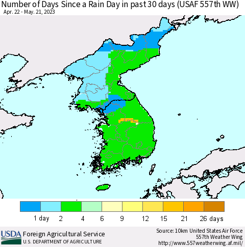 Korea Number of Days Since a Rain Day in past 30 days (USAF 557th WW) Thematic Map For 5/15/2023 - 5/21/2023