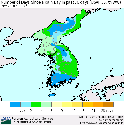 Korea Number of Days Since a Rain Day in past 30 days (USAF 557th WW) Thematic Map For 6/19/2023 - 6/25/2023