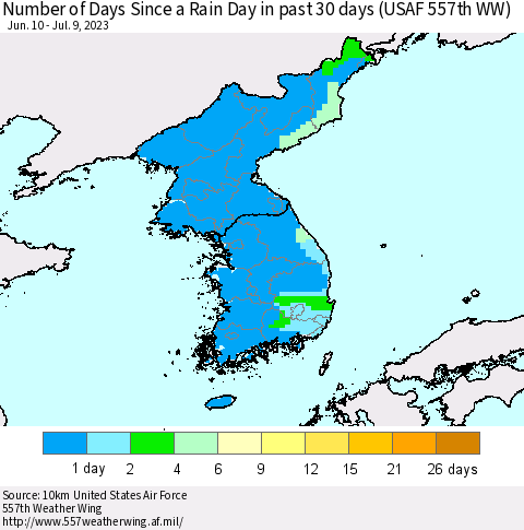Korea Number of Days Since a Rain Day in past 30 days (USAF 557th WW) Thematic Map For 7/3/2023 - 7/9/2023