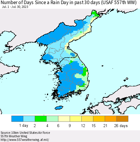 Korea Number of Days Since a Rain Day in past 30 days (USAF 557th WW) Thematic Map For 7/24/2023 - 7/30/2023