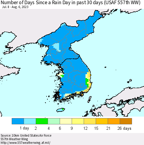 Korea Number of Days Since a Rain Day in past 30 days (USAF 557th WW) Thematic Map For 7/31/2023 - 8/6/2023