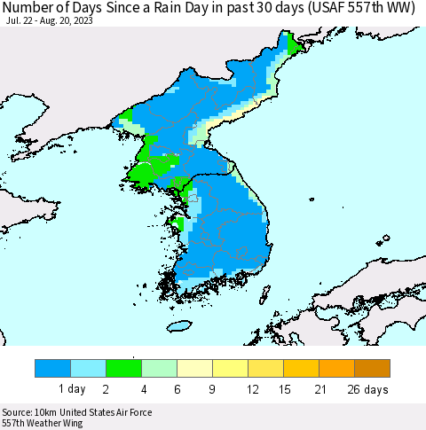 Korea Number of Days Since a Rain Day in past 30 days (USAF 557th WW) Thematic Map For 8/14/2023 - 8/20/2023