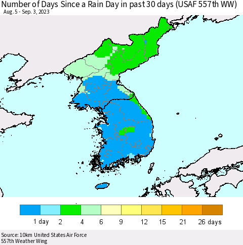 Korea Number of Days Since a Rain Day in past 30 days (USAF 557th WW) Thematic Map For 8/28/2023 - 9/3/2023