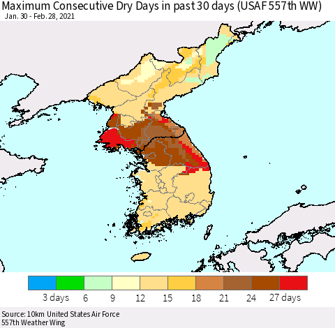 Korea Maximum Consecutive Dry Days in past 30 days (USAF 557th WW) 02/28/2021 Thematic Map For 2/26/2021 - 2/28/2021