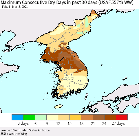 Korea Maximum Consecutive Dry Days in past 30 days (USAF 557th WW) 03/05/2021 Thematic Map For 3/1/2021 - 3/5/2021