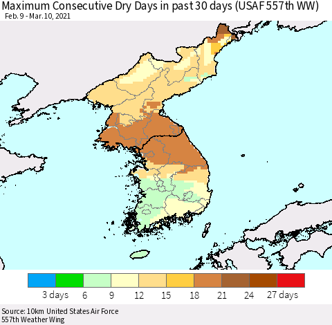 Korea Maximum Consecutive Dry Days in past 30 days (USAF 557th WW) 03/10/2021 Thematic Map For 3/6/2021 - 3/10/2021