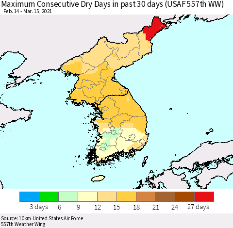 Korea Maximum Consecutive Dry Days in past 30 days (USAF 557th WW) 03/15/2021 Thematic Map For 3/11/2021 - 3/15/2021