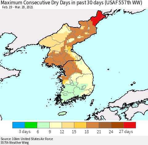 Korea Maximum Consecutive Dry Days in past 30 days (USAF 557th WW) 03/20/2021 Thematic Map For 3/16/2021 - 3/20/2021