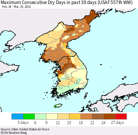 Korea Maximum Consecutive Dry Days in past 30 days (USAF 557th WW) 03/25/2021 Thematic Map For 3/21/2021 - 3/25/2021