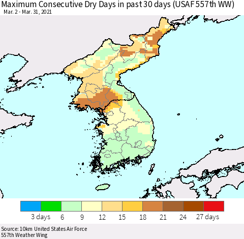 Korea Maximum Consecutive Dry Days in past 30 days (USAF 557th WW) 03/31/2021 Thematic Map For 3/26/2021 - 3/31/2021