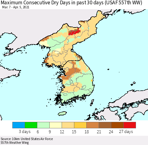 Korea Maximum Consecutive Dry Days in past 30 days (USAF 557th WW) 04/05/2021 Thematic Map For 4/1/2021 - 4/5/2021
