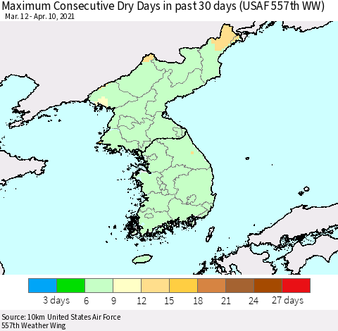 Korea Maximum Consecutive Dry Days in past 30 days (USAF 557th WW) 04/10/2021 Thematic Map For 4/6/2021 - 4/10/2021