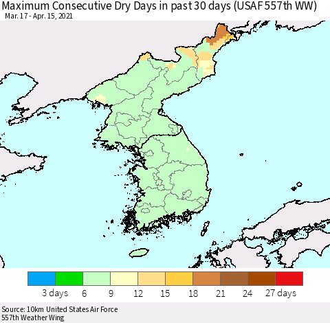 Korea Maximum Consecutive Dry Days in past 30 days (USAF 557th WW) 04/15/2021 Thematic Map For 4/11/2021 - 4/15/2021