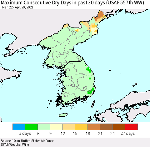 Korea Maximum Consecutive Dry Days in past 30 days (USAF 557th WW) 04/20/2021 Thematic Map For 4/16/2021 - 4/20/2021