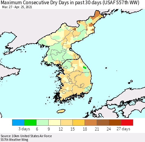 Korea Maximum Consecutive Dry Days in past 30 days (USAF 557th WW) 04/25/2021 Thematic Map For 4/21/2021 - 4/25/2021