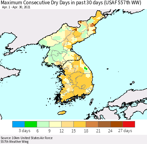 Korea Maximum Consecutive Dry Days in past 30 days (USAF 557th WW) 04/30/2021 Thematic Map For 4/26/2021 - 4/30/2021