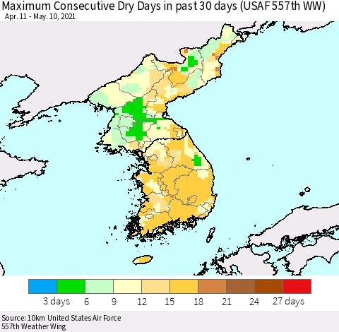 Korea Maximum Consecutive Dry Days in past 30 days (USAF 557th WW) 05/10/2021 Thematic Map For 5/6/2021 - 5/10/2021