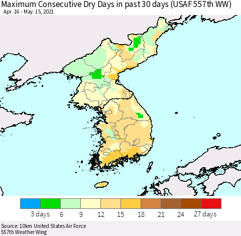 Korea Maximum Consecutive Dry Days in past 30 days (USAF 557th WW) 05/15/2021 Thematic Map For 5/11/2021 - 5/15/2021