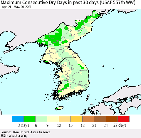 Korea Maximum Consecutive Dry Days in past 30 days (USAF 557th WW) 05/20/2021 Thematic Map For 5/16/2021 - 5/20/2021