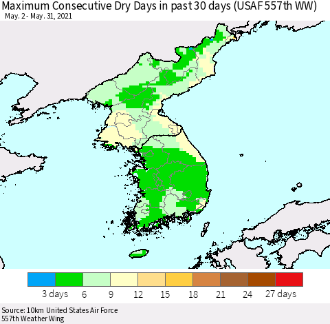 Korea Maximum Consecutive Dry Days in past 30 days (USAF 557th WW) 05/31/2021 Thematic Map For 5/26/2021 - 5/31/2021