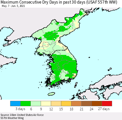 Korea Maximum Consecutive Dry Days in past 30 days (USAF 557th WW) 06/05/2021 Thematic Map For 6/1/2021 - 6/5/2021
