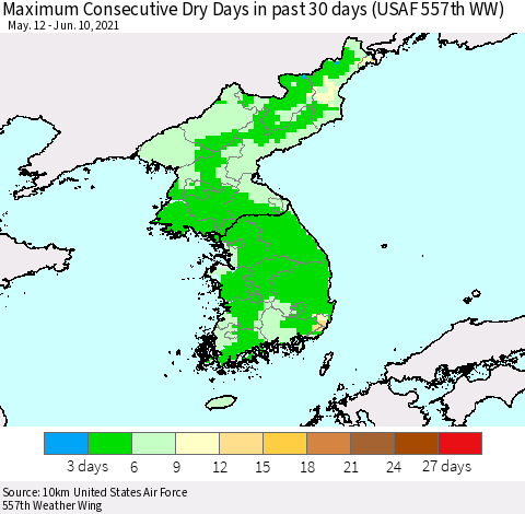 Korea Maximum Consecutive Dry Days in past 30 days (USAF 557th WW) 06/10/2021 Thematic Map For 6/6/2021 - 6/10/2021