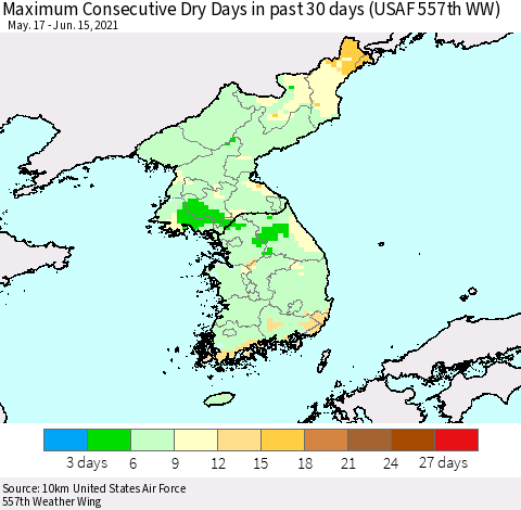 Korea Maximum Consecutive Dry Days in past 30 days (USAF 557th WW) 06/15/2021 Thematic Map For 6/11/2021 - 6/15/2021