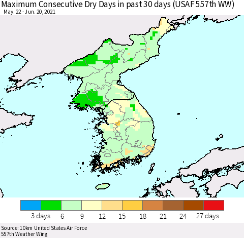 Korea Maximum Consecutive Dry Days in past 30 days (USAF 557th WW) 06/20/2021 Thematic Map For 6/16/2021 - 6/20/2021
