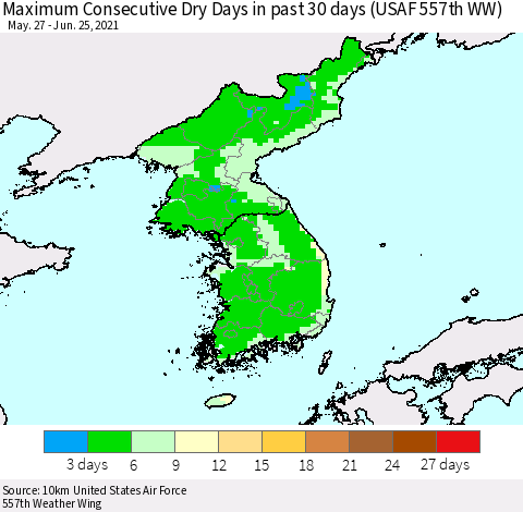 Korea Maximum Consecutive Dry Days in past 30 days (USAF 557th WW) 06/25/2021 Thematic Map For 6/21/2021 - 6/25/2021