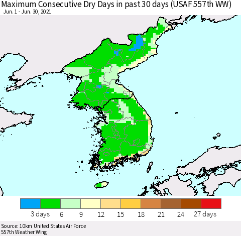 Korea Maximum Consecutive Dry Days in past 30 days (USAF 557th WW) 06/30/2021 Thematic Map For 6/26/2021 - 6/30/2021